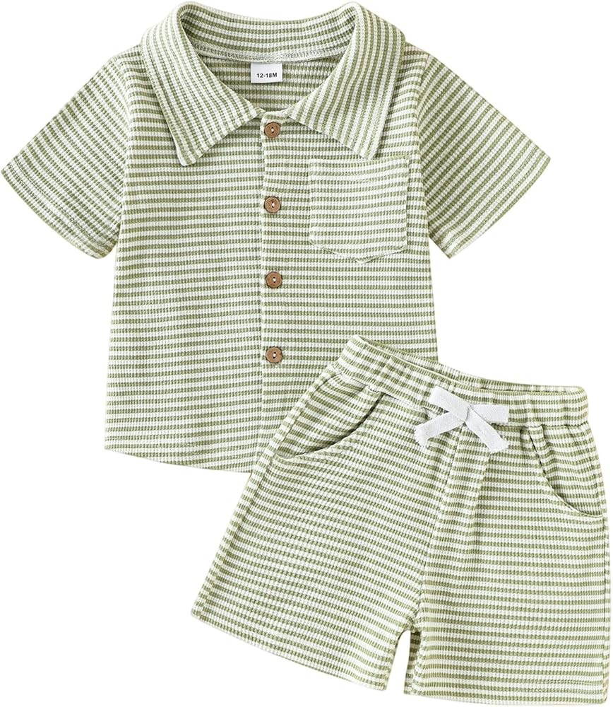 Baby Boy Clothes Toddler Summer Outfits Cute Striped Short-Sleeve Shirt + Bow Pocket Shorts Set 2... | Amazon (US)