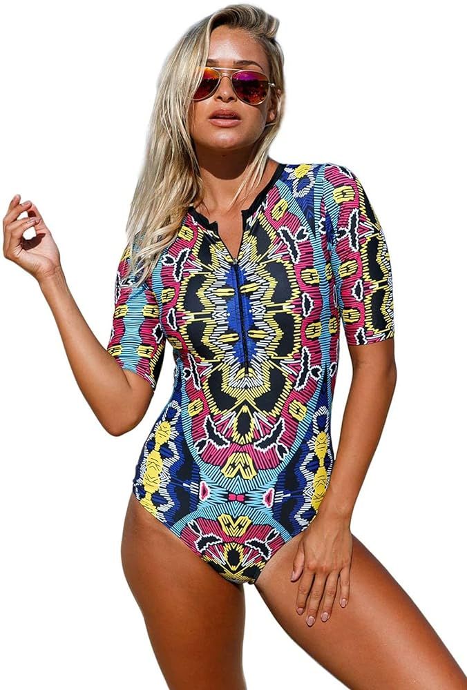 Aleumdr Womens Zip Front Printed Half Sleeve/Long Sleeve One Piece Swimsuit Swimwear S-XXL | Amazon (US)