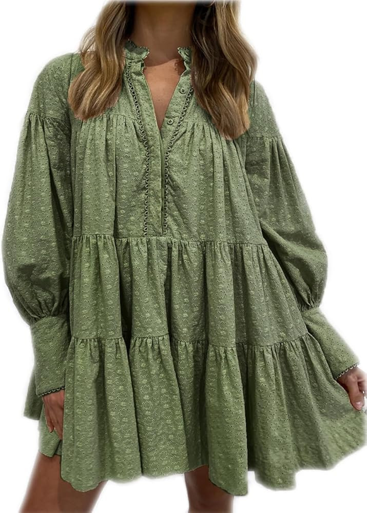 Women's Bohemian Floral Print Button Down Long Lantern Sleeve Shift Tunic Dress Casual Ruffle Swi... | Amazon (US)