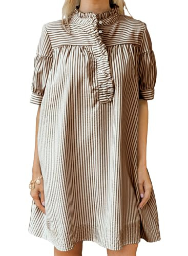 BLENCOT Womens Button Down Shirt Dresses Casual Striped Cotton Stand Collar Ruffle Puff Sleeve Su... | Amazon (US)