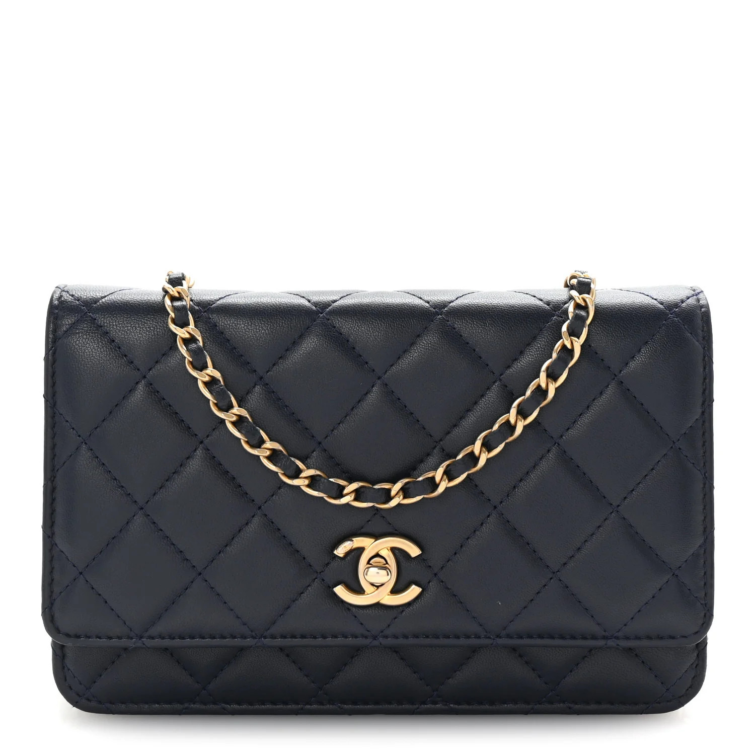 Lambskin Quilted Pearl Crush Wallet on Chain WOC Navy | FASHIONPHILE (US)