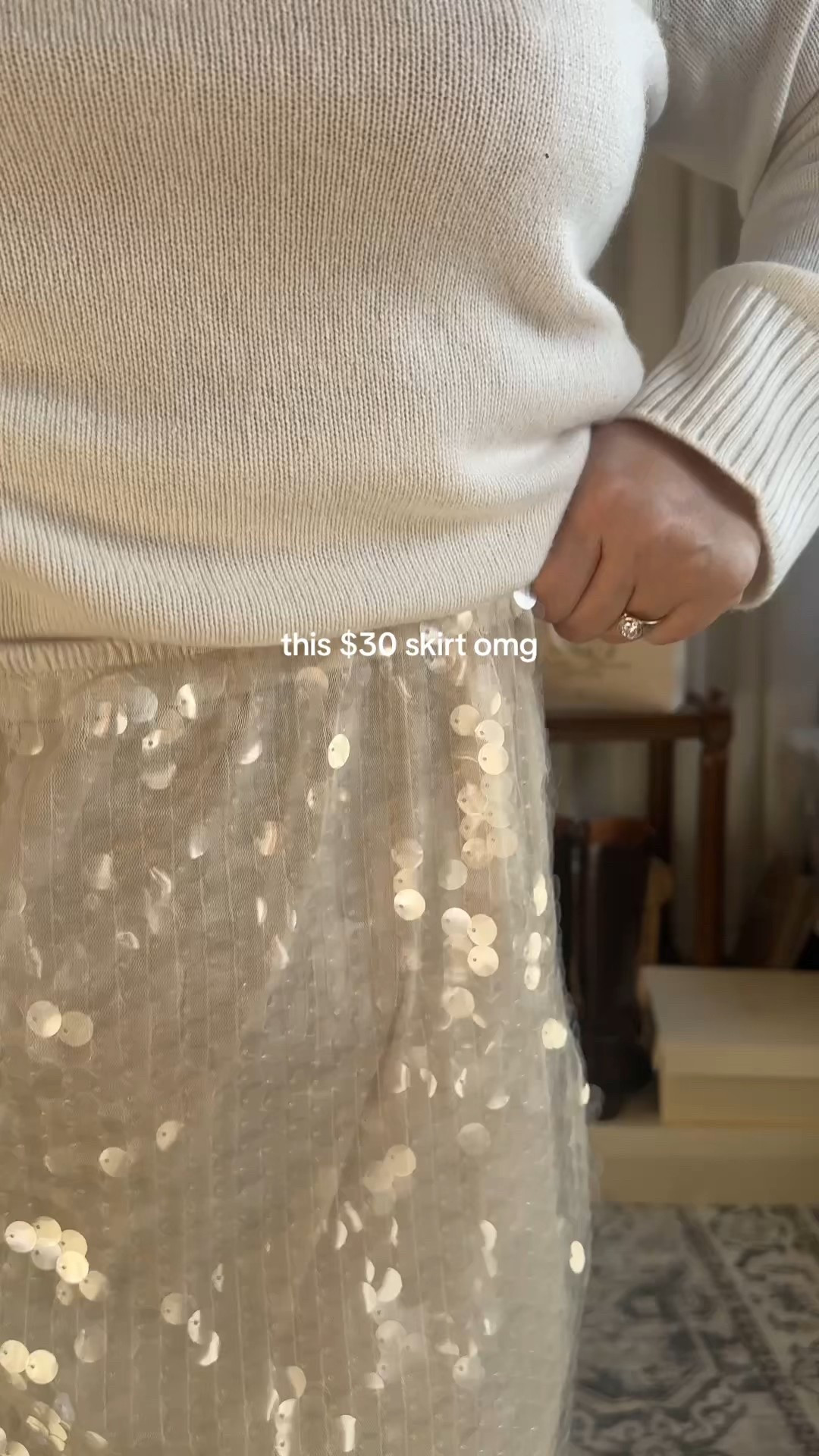 A sequin skirt for anyone- you are the occasion! $30 and perfect ( 3 colors) i size up to have room but tts if you like a regular fit. 

Cashmere sweater tts but i size down one to small since i wanted less oversized. Quince

#LTKFindsUnder50 #LTKgrwm #LTKHoliday