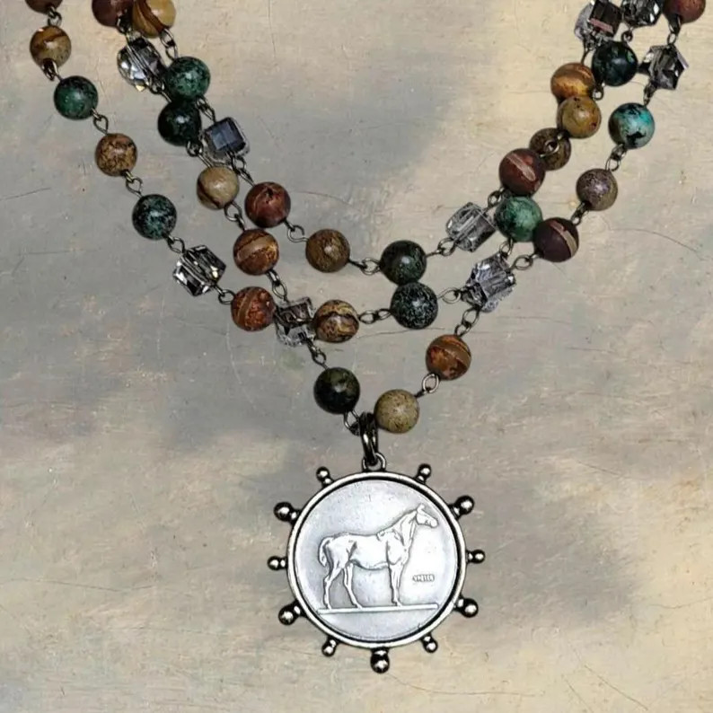 Equestrian Horse Coin Pendant Necklace - Equestrian Jewelry Statement Piece - Gemstone and Crysta... | Etsy (Global)