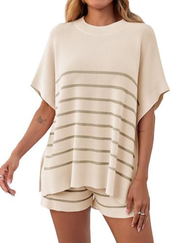 Fisoew Women's Striped 2 Piece Outfits Oversized Batwing Short Sleeve Tops High Waisted Shorts Su... | Amazon (US)