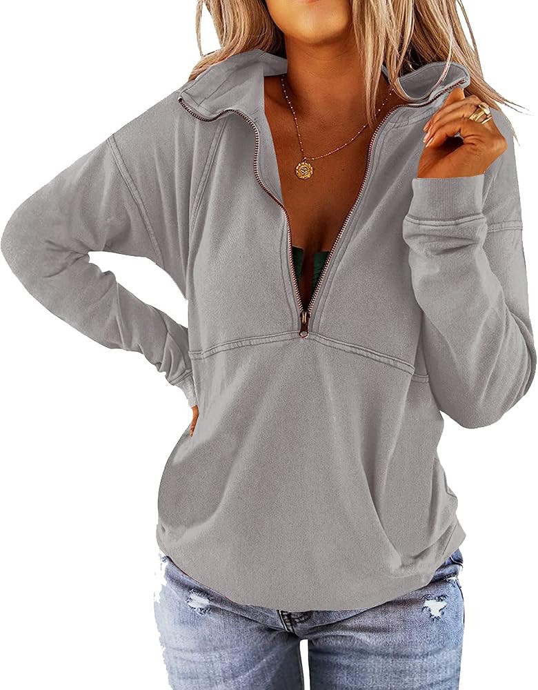 Floral Find Women's Long Sleeve Lapel Half Zip Up Sweatshirt Solid Stylish Loose Fit Casual Pullo... | Amazon (US)