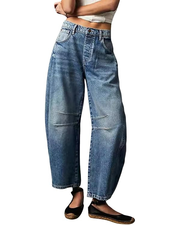Womens Mid Rise Barrel Jeans Vintage Loose Wide Leg Jeans Cropped Denim Pants Y2k Baggy Boyfriend... | Amazon (US)