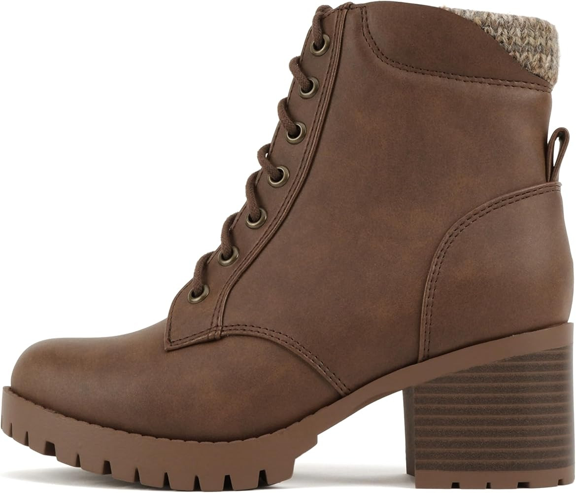 Soda Single Lug Sole Chunky Heel Combat Ankle Boot Lace up w/Side Zipper | Amazon (US)