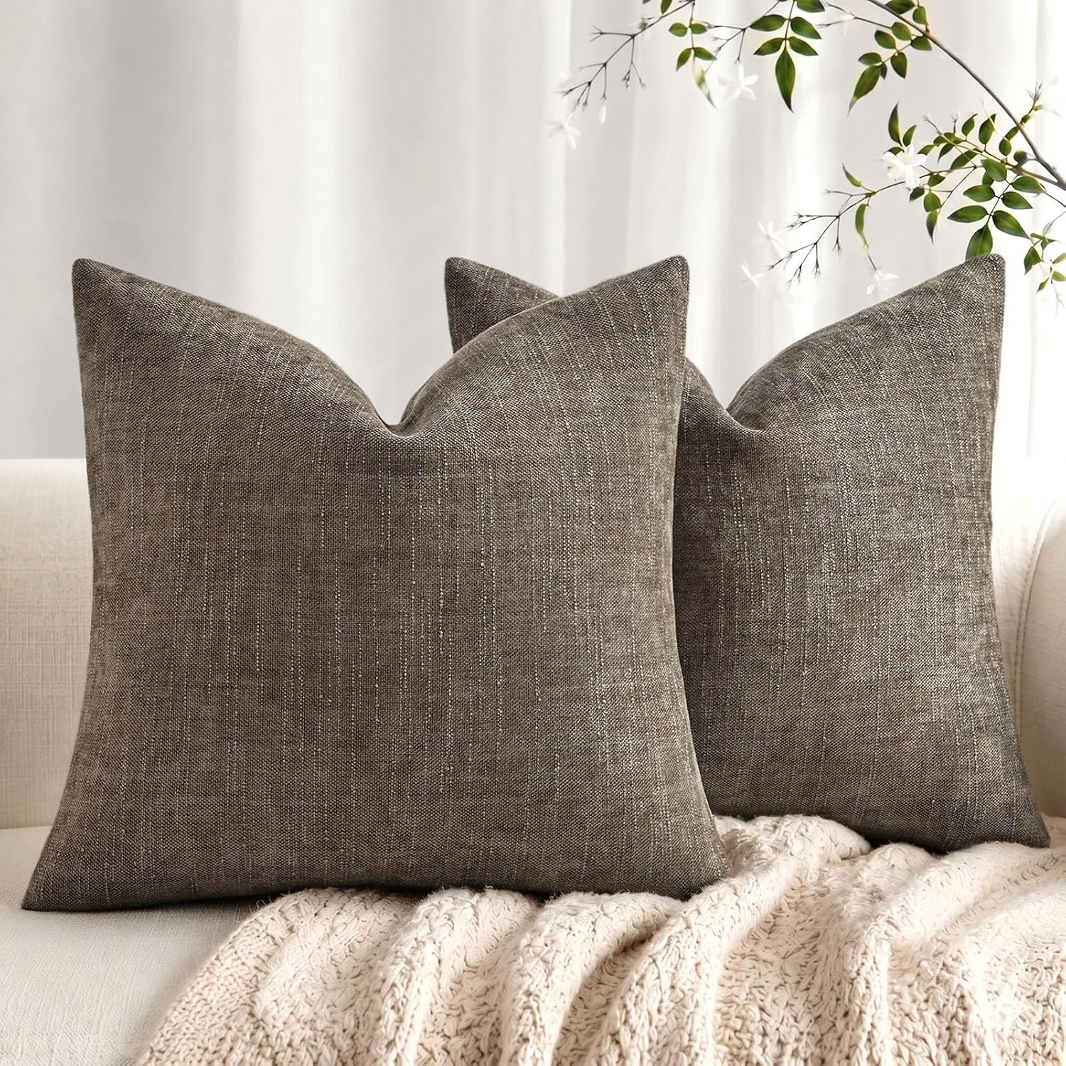 decorUhome Chenille Throw Pillow Covers 18x18 Set of 2, Taupe Grey | Amazon (US)