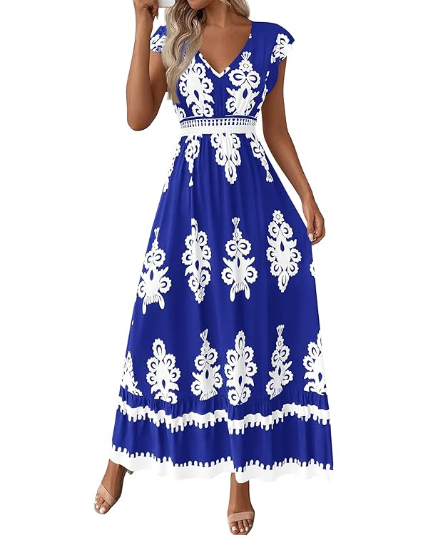 BTFBM Summer Dresses for Women Beach Fashion Floral Short Sleeve V Neck Boho Long Wedding Guest M... | Amazon (US)