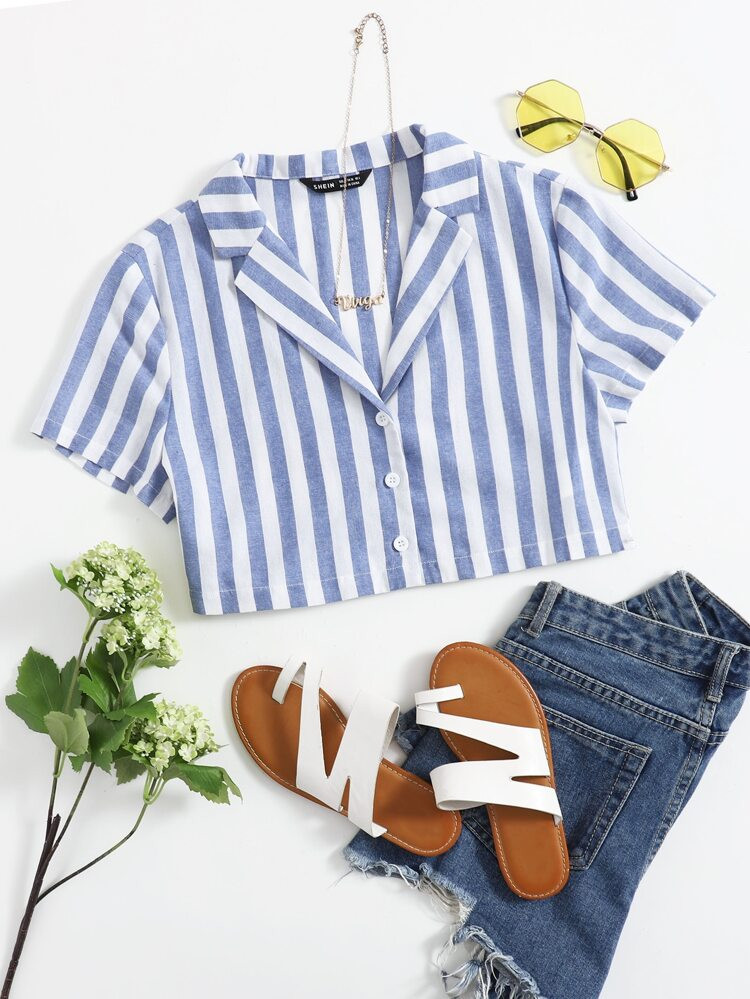 SHEIN VCAY Lapel Collar Two Tone Striped Crop Blouse | SHEIN