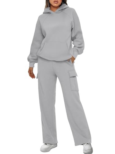 AUTOMET Womens Winter 2 Piece Outfits Long Sleeve Sweatsuits Fall Sets Hoodies with Cargo Wide Leg Sweatpants 2025 DarkGrey S | Amazon (US)