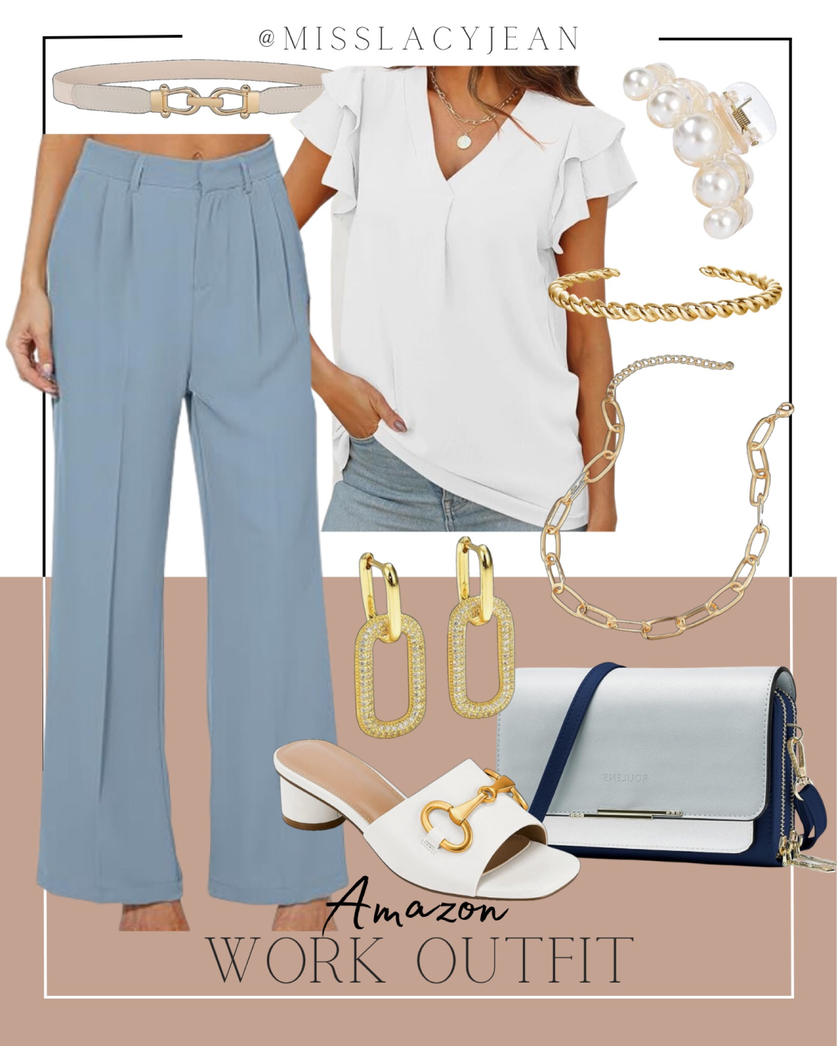 Work outfit includes blue dress pants, white blouse, gold jewelry, hair claw, handbag, heeled sandals. 

Work outfit, office outfit, looks for less, office looks for less

#LTKStyleTip #LTKWorkwear #LTKFindsUnder50