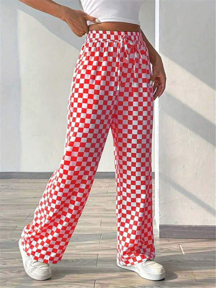 Plaid Print Casual Loose Drawstring Wide Leg Pants | SHEIN