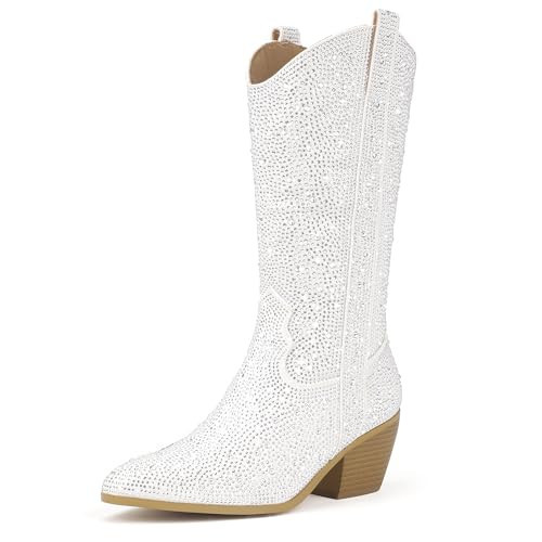 IDIFU White Rhinestone Cowboy Boots for Women Mid Calf Sparkly Western Cowgirl Pointed Toe Low Block Chunky Heel Glitter Country Cute Zipper Dress Booties Wedding Birde Boots(White Rhinestone, 8.5) | Amazon (US)