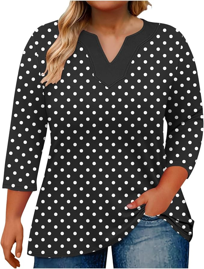 Womens Plus Size Tops 3/4 Sleeve Shirts V-Neck Polka Dot Printed Blouses Dressy Casual Fashion Tu... | Amazon (US)