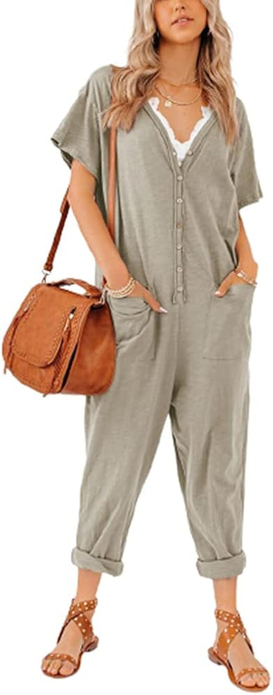 Aoysky Oversize Women's One Piece Button Up Jumpsuit Casual Loose Short Sleeve V Neck Onesies Romper | Amazon (US)