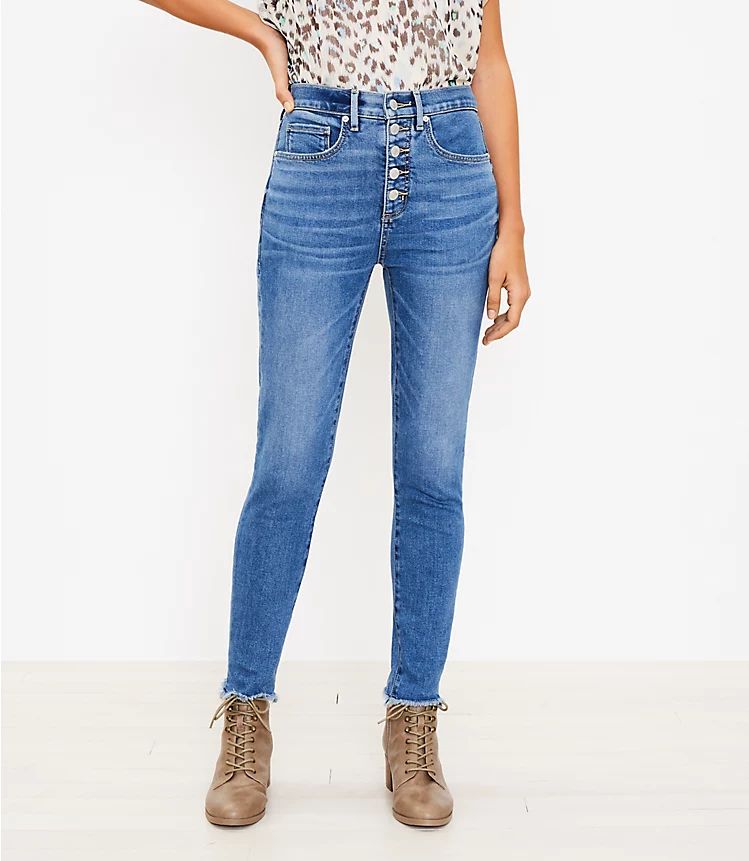 Petite Chewed Hem Button Front High Rise Skinny Jeans in Authentic Indigo | LOFT | LOFT