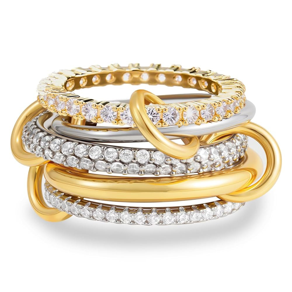 18K Gold Plated Stackable Rings for Women with Gift Box – Silver & Gold Multi-Link Connected Ba... | Amazon (US)