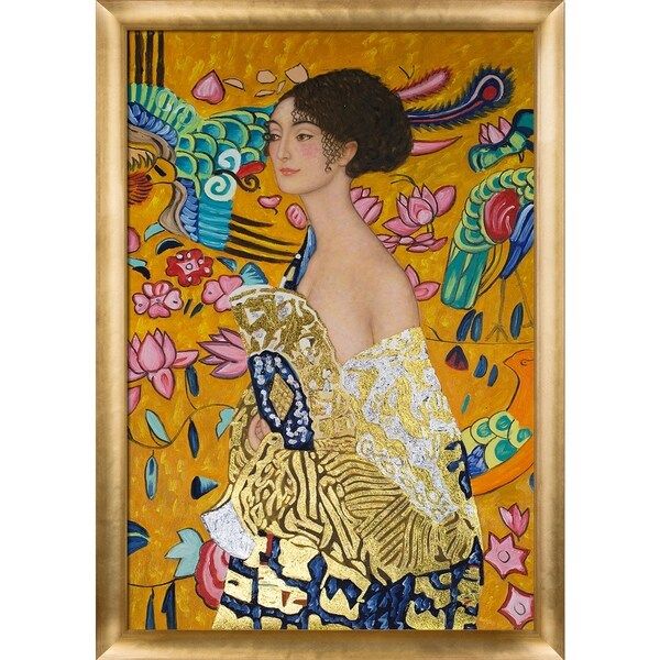 Gustav Klimt 'Signora con Ventaglio' Luxury Line Hand Painted Framed Canvas Art | Bed Bath & Beyond