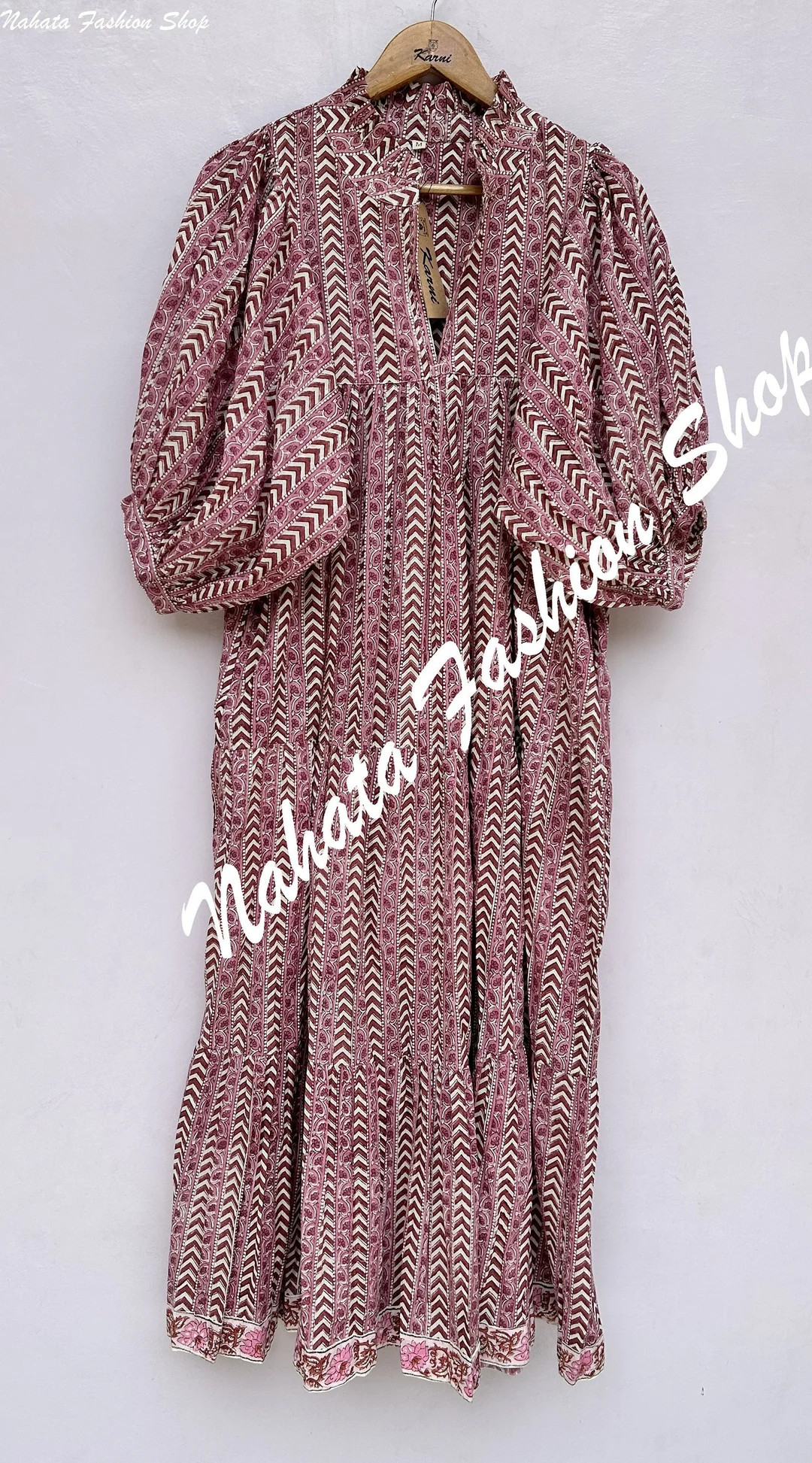 Cotton Pink Brown Floral Strap Printed Women's Maxi Dress V Neckline Summer Long Dress 3-4th Slee... | Etsy (US)