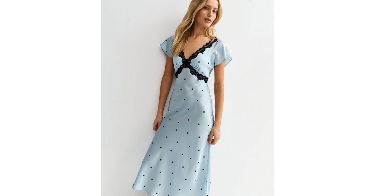 Blue Satin Polka Dot Lace Trim Midi Dress | New Look | New Look (UK)