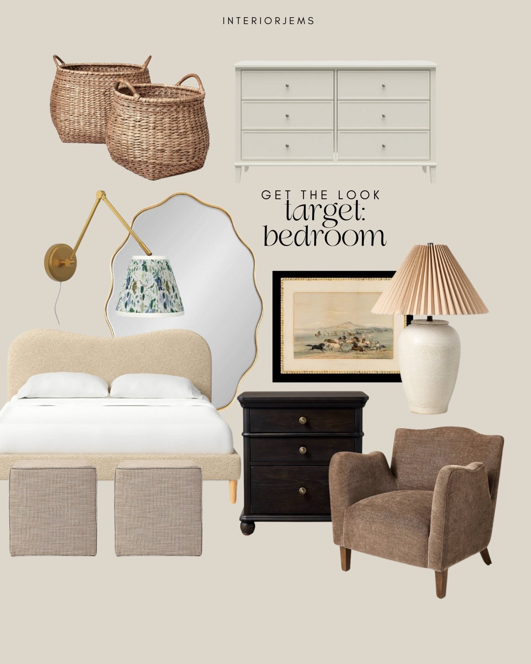 Target bedroom get the look, guest bedroom, primary bedroom, kids bedroom, accent chair, lounge, chair, brown, accent chair, hearth and hand, table, lamp, framed, and ready, art, storage baskets, wall, sconces, floral lampshade, cube, Ottomans, end of bed, seating, upholstered bed from target, scalloped mirror, 1 foot nightstand, Studio McGee

#LTKSaleAlert #LTKStyleTip #LTKHome