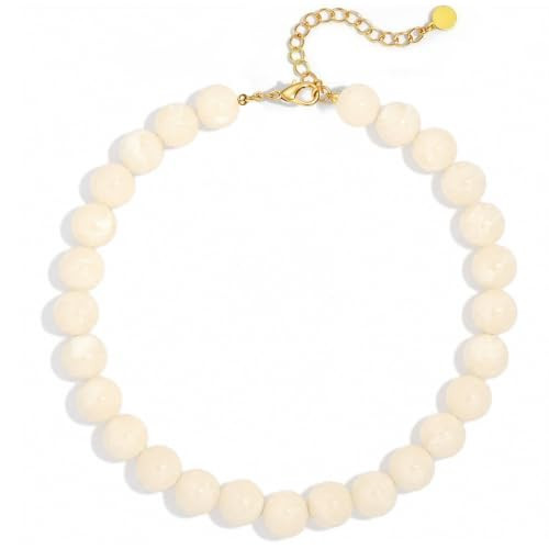 ZHDHDQ Beige Chunky Beaded Necklace, Statement White Round Ball Beads Choker Necklace with Gold-Tone Adjustable Chain, Fashion Bold Neck Jewelry for Women | Amazon (US)
