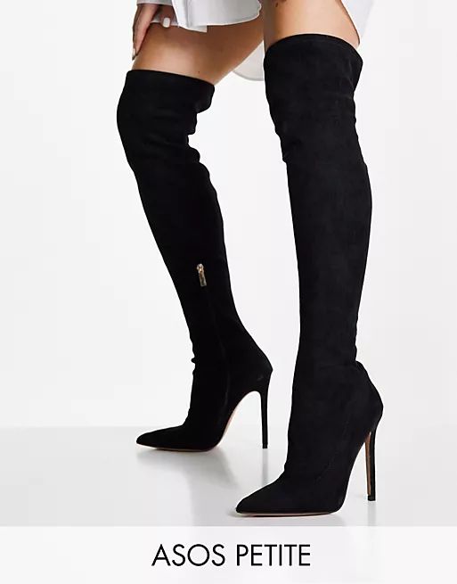 ASOS DESIGN Petite Koko heeled over the knee boots in black micro | ASOS (Global)