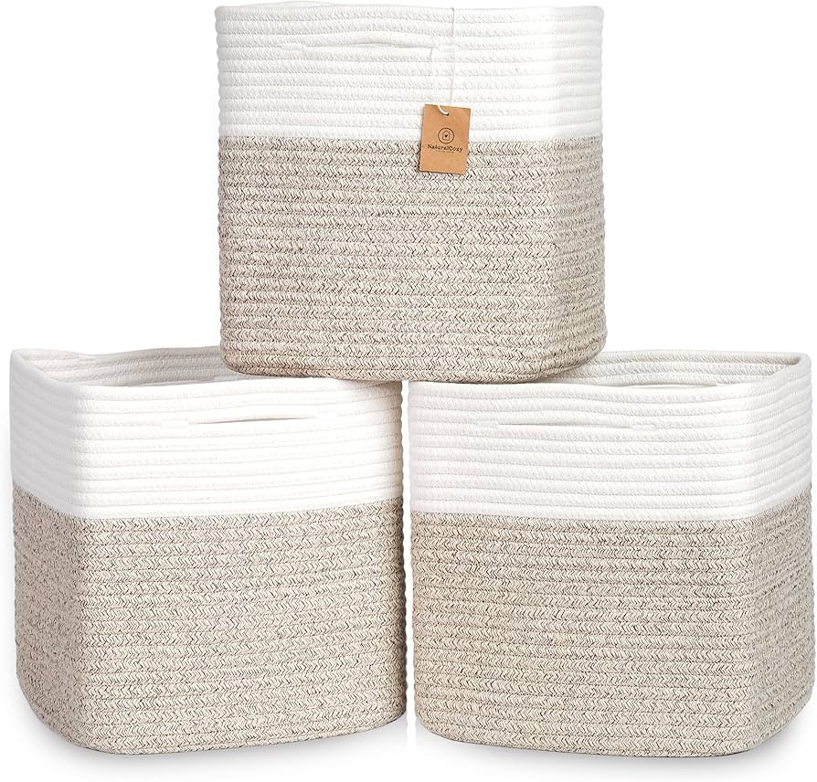 NaturalCozy 13 Inch Cube Storage Bins Cotton Rope Woven Baskets for Organizing 3-Pack | 13 x 13 S... | Amazon (US)