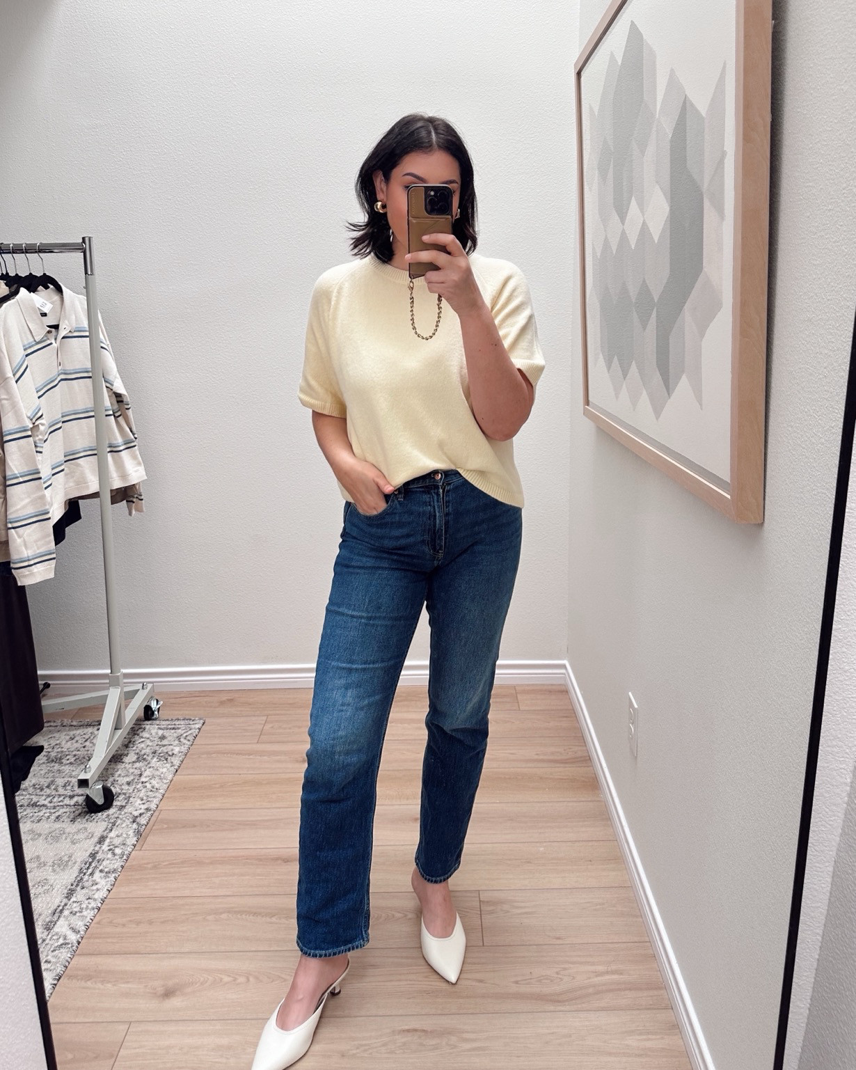 I really like the CashSoft line, which feels like a soft, bouncy knit similar to cashmere. (But obvs not the same as cashmere.) The fabric holds up well, and I’ve previously purchased sweatpants / sets made from it. I sized up to large, and while it fits loose and relaxed, I do think it runs true to size. I also love the light yellow hue, offering a subtle take on this color, if you aren’t too sure about the butter yellow trend!

I’ve featured these jeans a few times because I love them so. This is their 90s high rise straight leg jeans, a nice skinny jean adjacent silhouette. They run slightly snug at the waist, but they do stretch with wear. They do not shrink with a wash (as long as you do not dry them on hot!) 

I’m in the 30 regular length. Perfect length for me.   

 