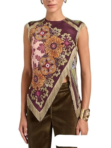 Apvirdy Women Floral Blouse Crew Neck Sleeveless Fringe Ruffle Irregular Split Hem Retro Boho Shirt Top Brown | Amazon (US)