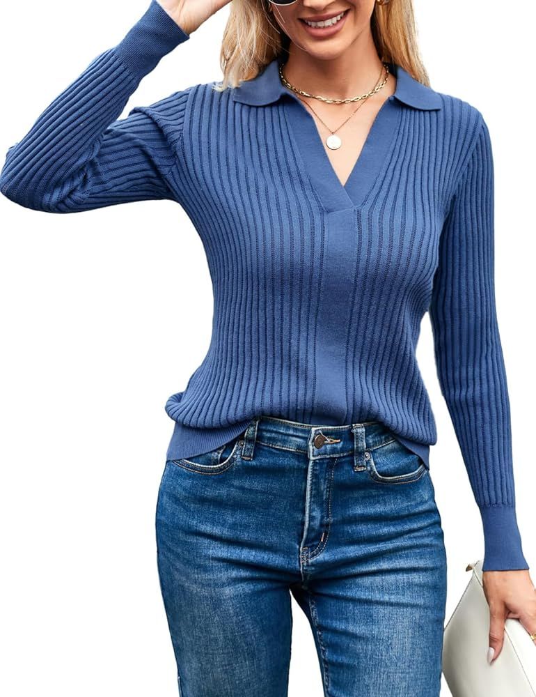 GRACE KARIN Women’s Long Sleeve Pullover Sweaters V-Neck Knitted Lightweight Sweater Casual Lap... | Amazon (US)