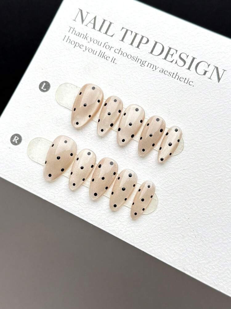 10-Piece Handmade Wearable Nail Tips, Short Almond-Shaped Press-On False Nails, Fashionable And Simple Style, Pure Hand-Painted Light Khaki Glass Beads Cat's Eye Short Nails, Embellished With Popular Black Polka Dot Patterns, Are High-End Manicure False Nail Tips, Suitable For Women And Girls To Wear Daily, With Nail Set Nail Supplies Handmade Press On Nails | SHEIN