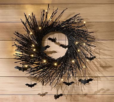Pre-Lit Black Glitter Branch Wreath with Bats | Pottery Barn (US)