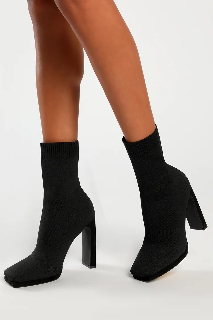 Synoy Black Knit Square Toe Mid-Calf Sock Boots | Lulus (US)