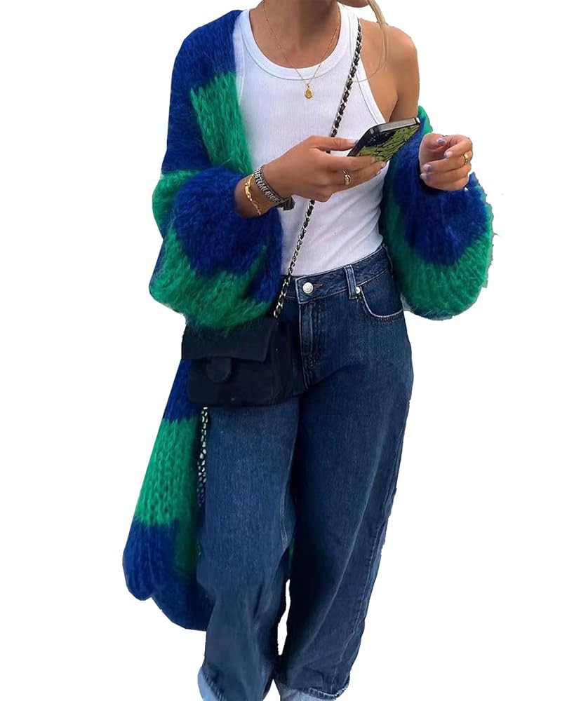 Womens Color Block Striped Cardigan Sweaters Loose Knitted Long Open Front Cardigans | Amazon (US)