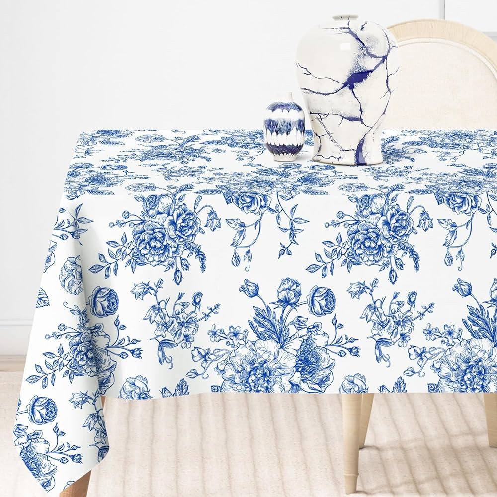 AnyDesign Vintage Floral Tablecloth Rectangle Blue Flower Fabric Table Cloth Washable Flower Tabl... | Amazon (US)