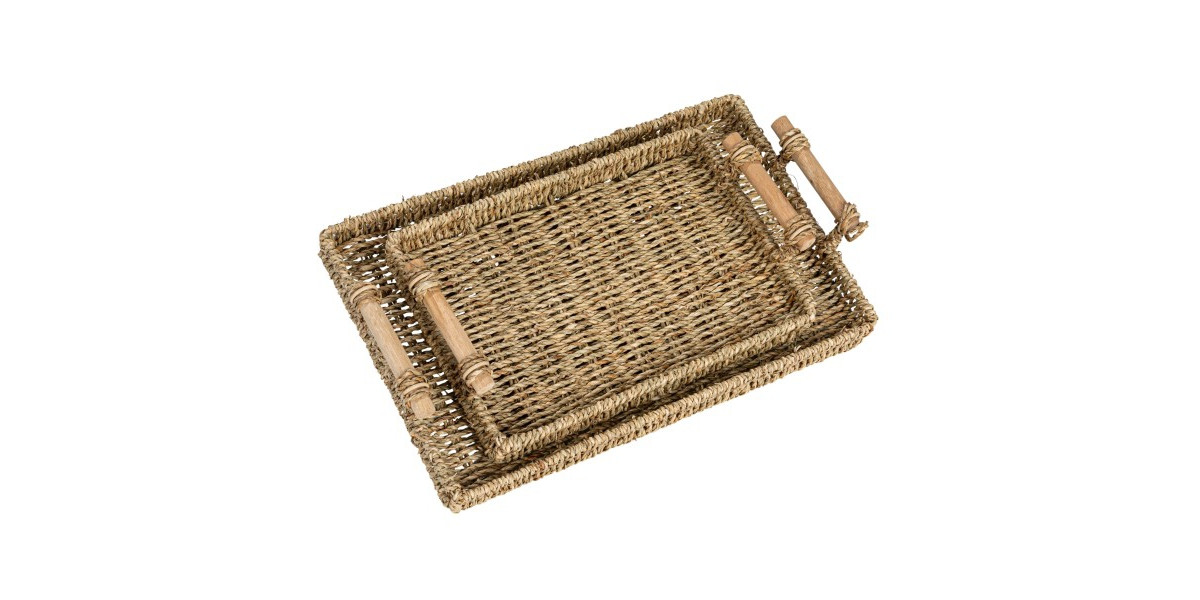 Household Essentials Handwoven Seagrass Rectangular Tray Set with Wood Handles, Natural, Set of 2 - Brown | Macy's