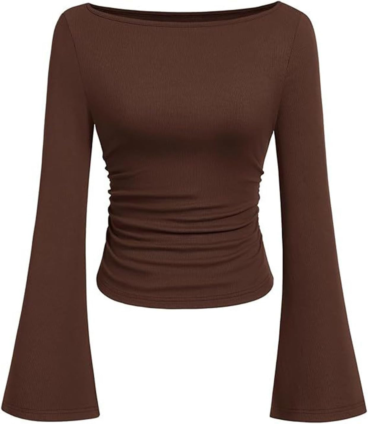 Womens Bell Long Sleeve Tops Boat Neck Cinched Waist Crop Going Out Shirts | Amazon (US)