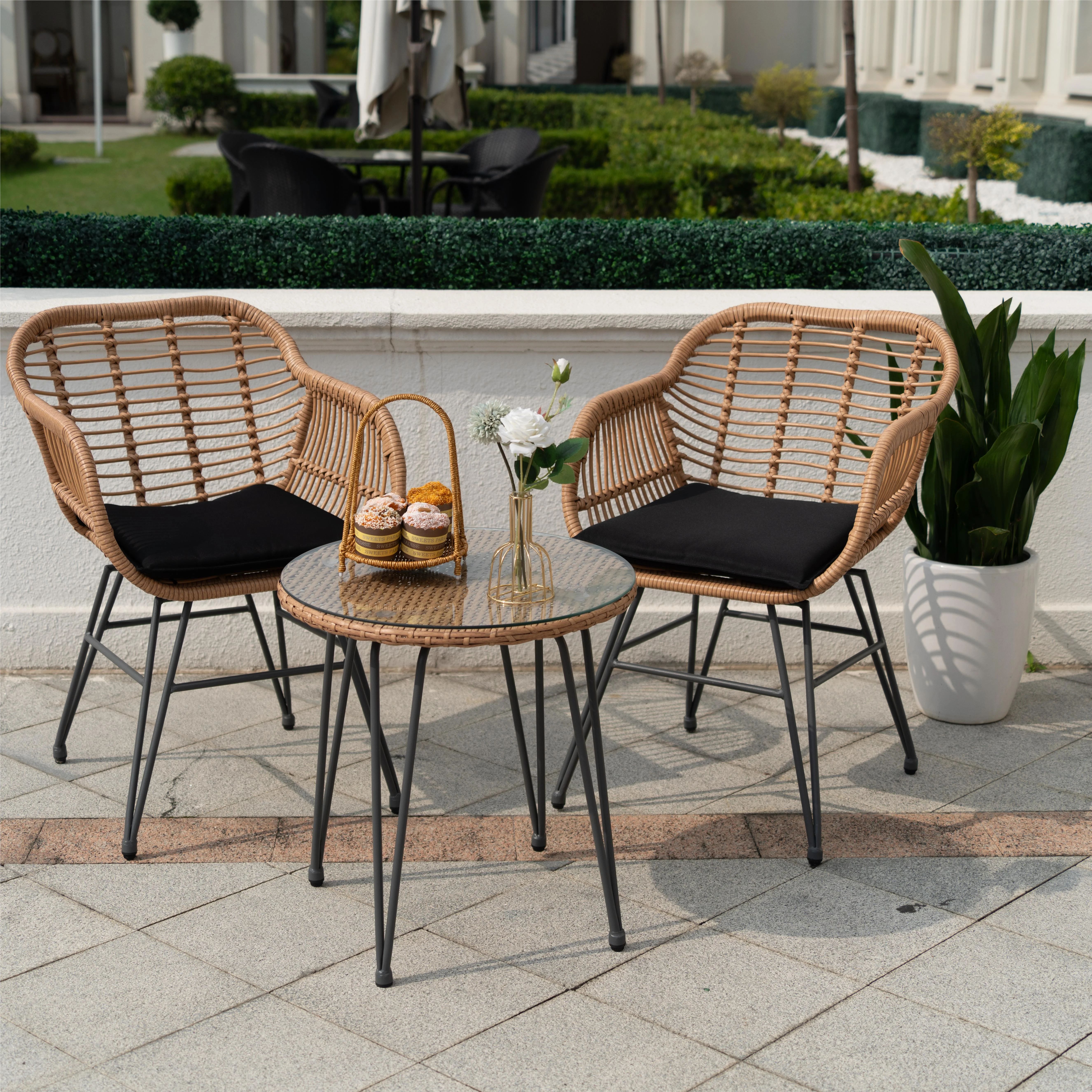 Tappio 3 Piece Outdoor Wicker Furniture Patio Bistro Set, PE Rattan Patio Chairs Set w/Table & Cu... | Walmart (US)