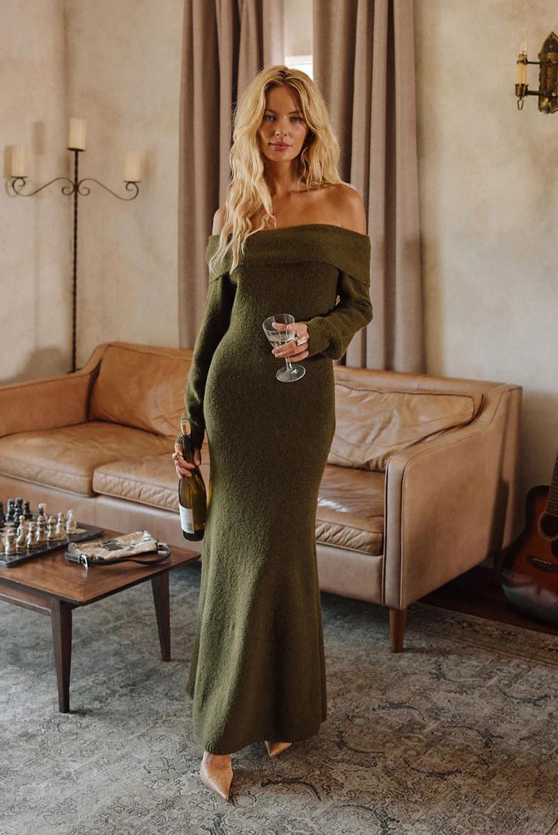 Simone Dark Olive Sweater Maxi Dress | 12th Tribe