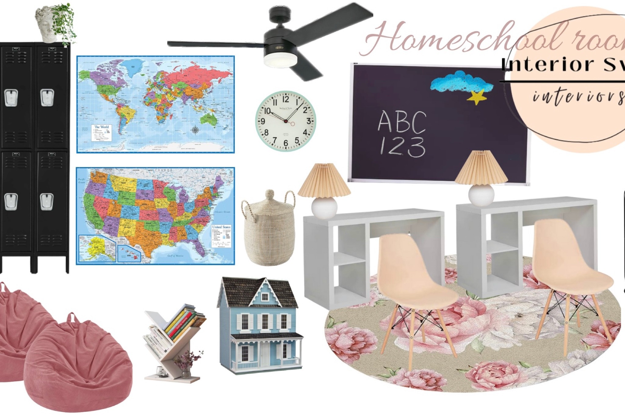 School room, homeschool room, homeschool space design for girls
Globe, wall clock, round floral rug, small cubby desk, storage lockers, wall map, world map, floor pouf, floor pillow, bookshelf, matte black modern ceiling fan, chalkboard, 
Amazon, Wayfair, Walmart, fluted lampshade, 

#LTKunder100 #LTKhome #LTKfamily