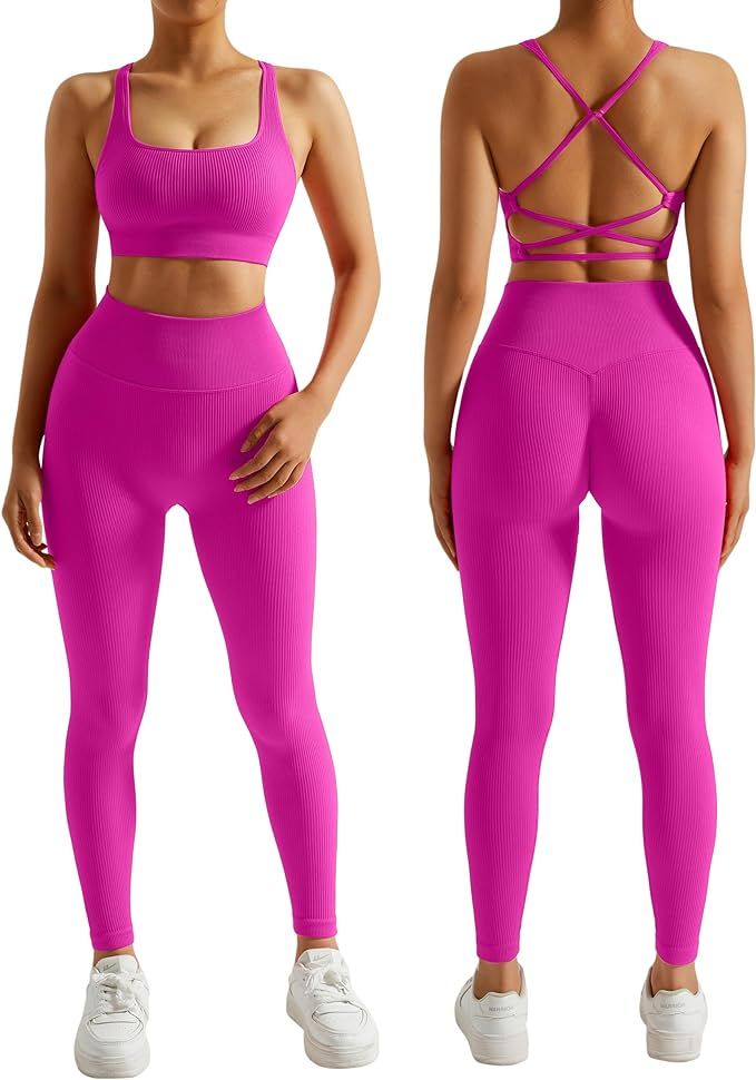 RXRXCOCO Ribbed Workout Sets for Women 2 Piece Backless Strappy Sports Bra Seamless Leggings Matc... | Amazon (US)