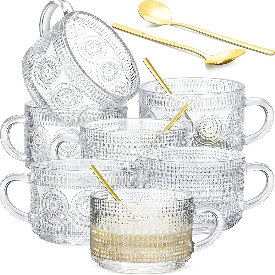 6 Pcs Vintage Glass Coffee Mugs with Handle 14 oz Embossed Glass Coffee Cups with 6 Pcs Spoons, S... | Amazon (US)
