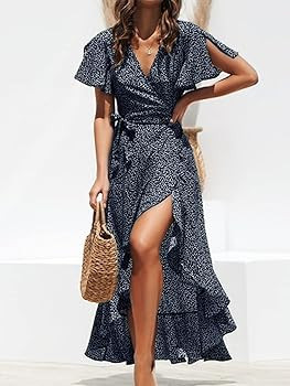 CUPSHE Women's Summer Wrap Maxi Dress Casual Split Flared Short Sleeve Tie Waist Ruffle Beach Dress | Amazon (US)