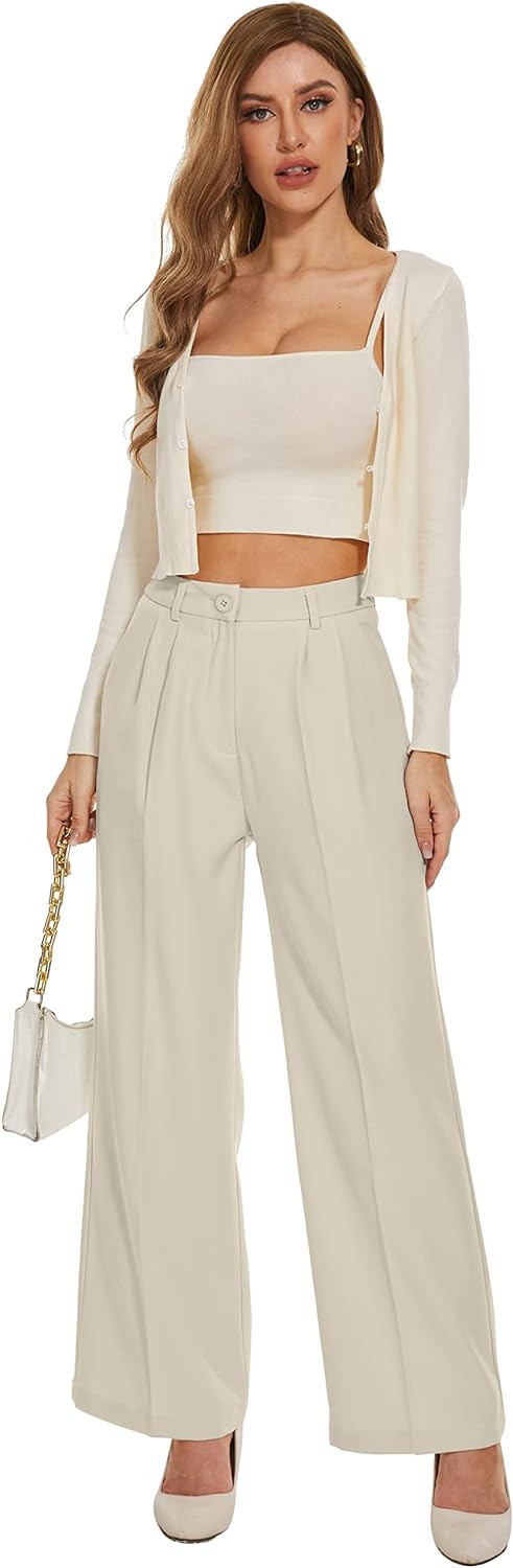FUNYYZO Women's Wide Leg Pants High Elastic Waisted in The Back Business Work Trousers Long Strai... | Amazon (US)