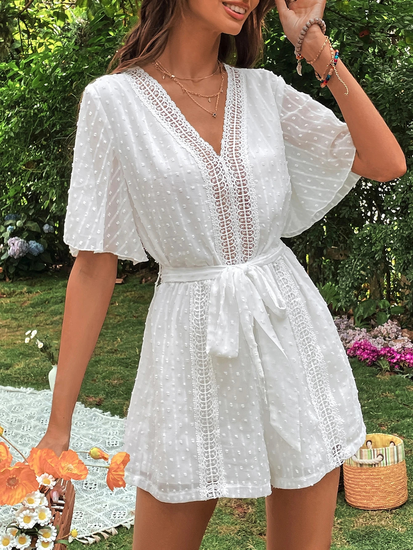 Swiss Dot Contrast Guipure Lace Belted Romper | SHEIN