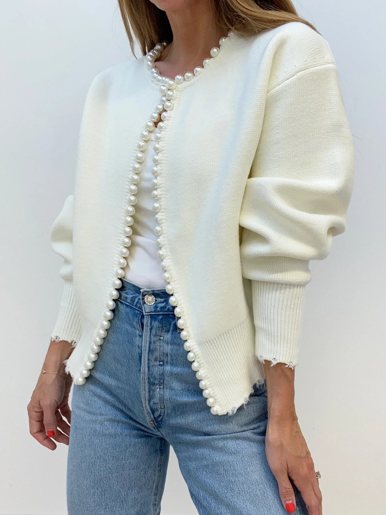 Pearl Trim Ripped Hem Cardigan | Commense
