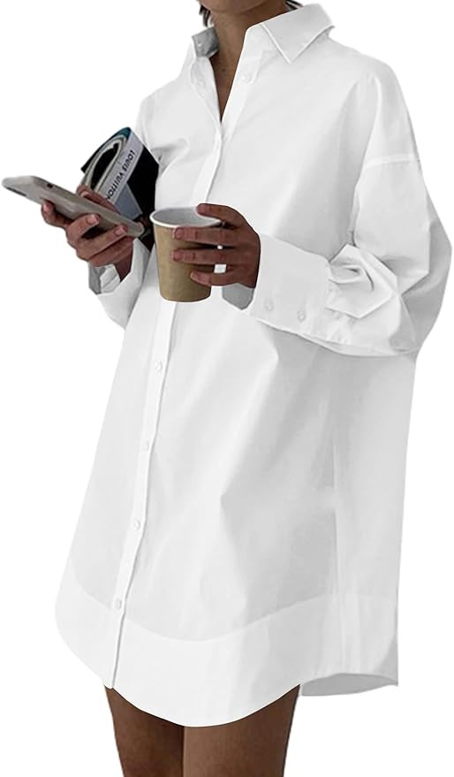 LYANER Women's Casual Shirt Dress Collar V Neck Button Down Loose Long Sleeve Mini Dresses | Amazon (US)