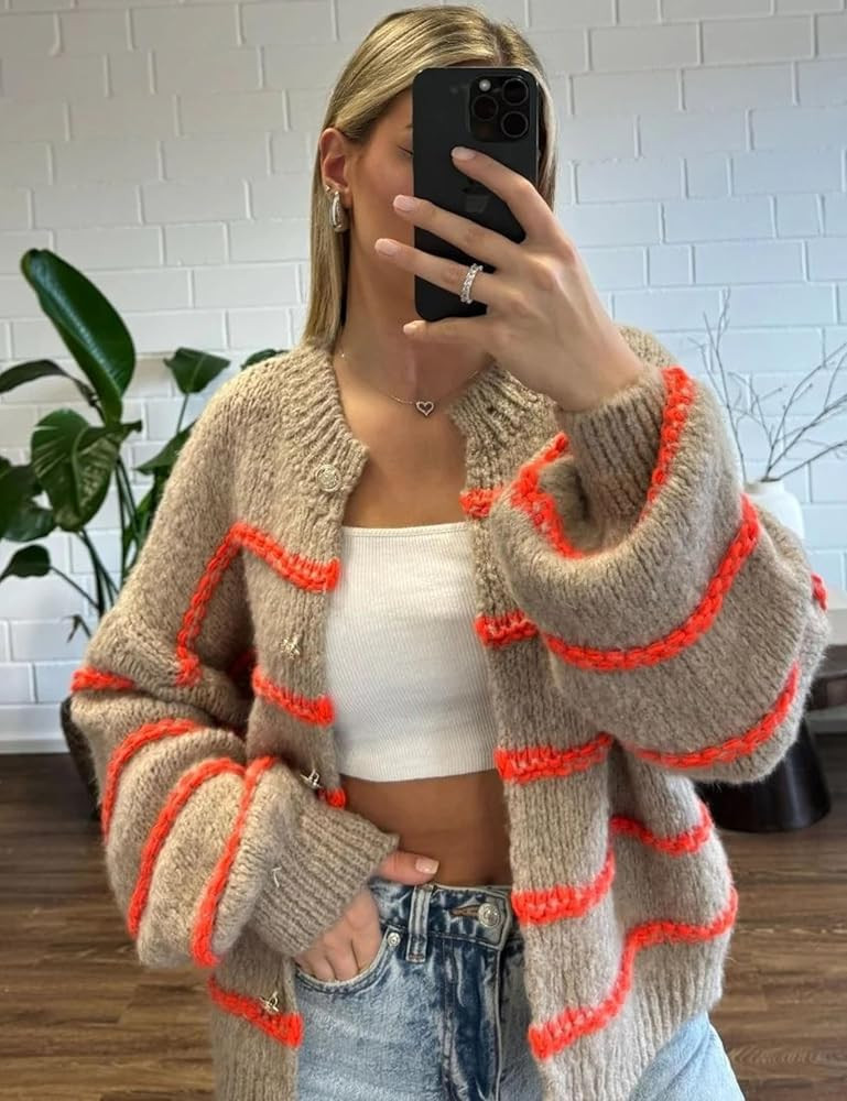 QIBABU Womens Striped Cardigan Sweaters Casual Open Front Long Sleeve Button Down Knit Outwear | Amazon (US)